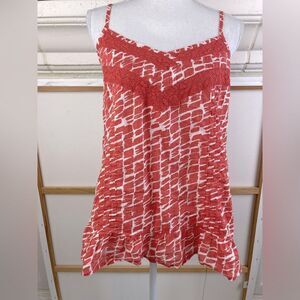 Hang Ten Cotton & crochet lace inlay terracotta beachy blouse w/ ruffle bottom